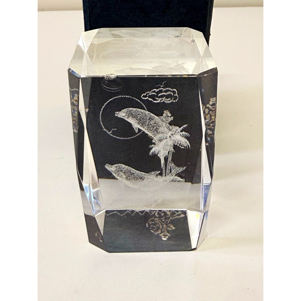 Vintage 3D Laser Etched Crystal Glass Paperweight Two Dolphins w/ Blue Box